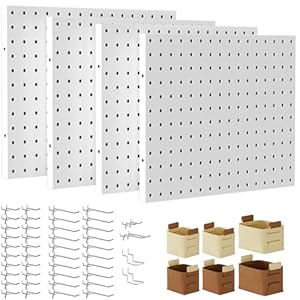 Peg Board, 4 Pack Metal PegBoard Organizer with Accessories, White Pegboard Panels with 50 Pcs Hooks and Baskets, Wall Organizer for office, Craft Room Organization, Garage, Sewing Room