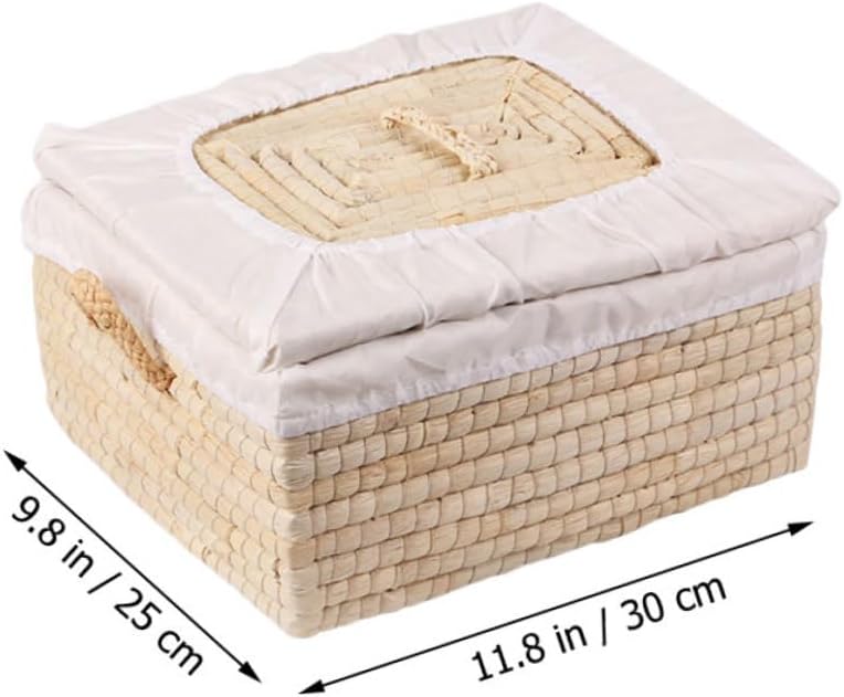 Woven Straw Bread Storage Basket with Lid 25x30x14cm, Insulated Food Serving Tray and Egg Organizer, Square Bread Basket for Kitchen and Dining Use