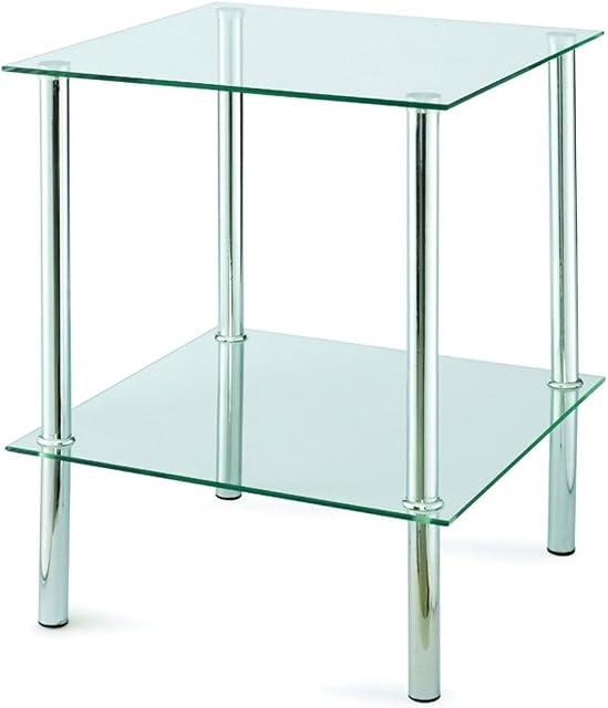 Crystal Clear Glass and Chrome/Steel 2 Tier Square Shelf Coffee End Table Storage