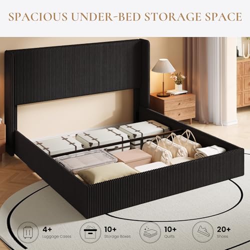 Image of SHA CERLIN King Lift Up Storage Bed Frame, Upholstered Corduroy, Black