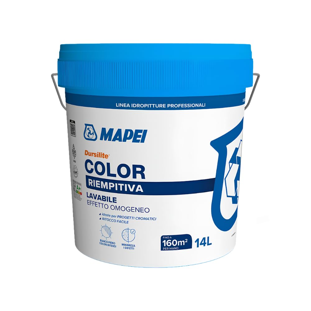 MAPEI Dursilite Color Idropittura Murale Riempitiva Lavabile per Interni, Bianco, Finitura Opaca, Professionale, 14 L
