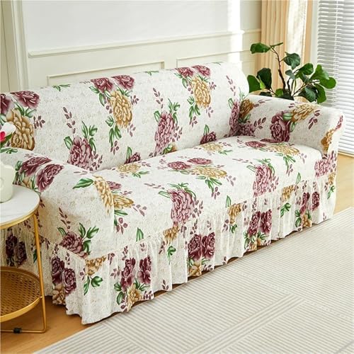 HXRAXINwn Floral Printed Sofa Slipcover, Non-Slip Sofa Cover with Skirt, Stretch Couch Cover for Pets, Washable Stretchable, Easy Fit Universal Furniture Protector(K,Medium(145-185cm))