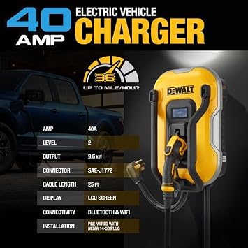 DEWALT Electric Vehicle Level 2 EV Charger up to 40 Amps 240V, App Control Bluetooth & Wi-Fi, CSA Certified Indoor/Outdoor NEMA 14-50 Plug Wall Mounted Charging Station with 25 ft. Cable