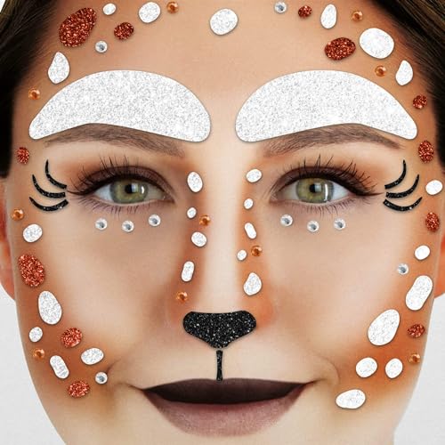 Party Factory Face Tattoo Reh, temporäres Glitter Gesichtstattoo für Motto Party, Halloween & Karneval, Kinder & Erwachsene