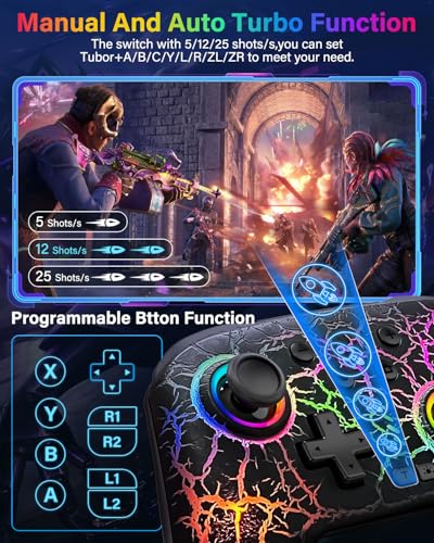 Image of Switch Controller Compatible with Switch /Switch Lite /OLED /PC, Programmable Wireless Switch Controller with 10 LED Light, 6-Axis Motion, Turbo, Vibration, One-Key Wake Up & Pairing, 1000mAh Battery, Flame