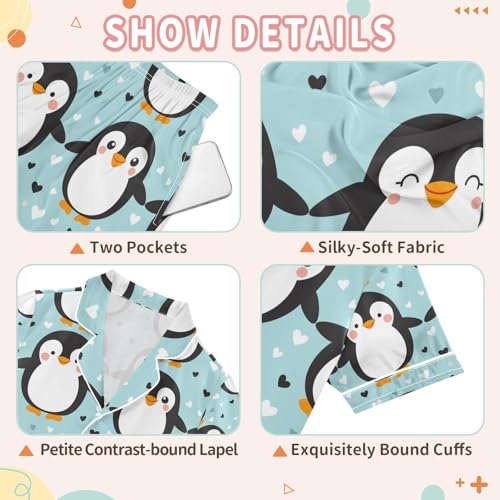Penguin Holding Hands Satin Summer Pajama Sets Silk Short Sleeve Button Down Sleepwear3