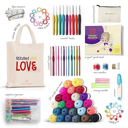 Image of Hearth & Harbor Crochet Kit 80 Piece with 2500 Yards Assorted Yarn Kit, Ergonomic Hooks, Crocheting Instruction, Knitting & Crochet Supplies - Beginner Crochet Kits for Adults, Ideal for Amigurumi
