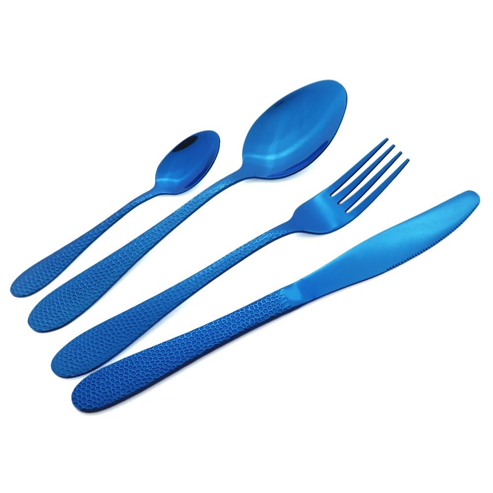 OLSKFUH Cutlery Flatware Cutlery Set, 4/16/24/32/40/48Pcs Blue Stainless Steel Water Ripple Snakeskin Handle Tableware Creative Tableware Tea Spoon Cake Fork,Blue-8Set