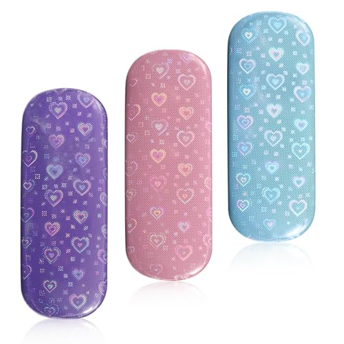 Beipegin 3 Piezas de Funda Gafas Rígida para Mujeres y Niñas, Funda Gafas de Cuero PU con Diseño de Corazón Brillante que se Adapta a la Mayoría de las Gafas y Gafas de Sol