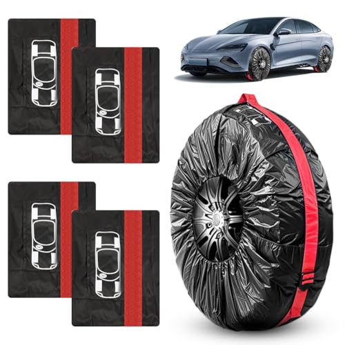 Set di 4 borse per pneumatici, per pneumatici fino a 19 – 23 pollici, custodia protettiva per pneumatici per trasporto e stoccaggio puliti, impermeabile, antipolvere, lavabile (nero rosso)