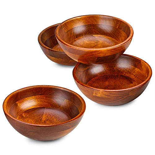 Wooden Salad Bowls - Set of 4, Multipurpose Individual 7” x 2.5” Food