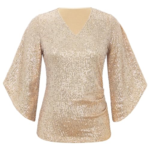 Sequin Tops for Women 3/4 Sleeve Blouse for Women Dressy Sparkly Tops V Neck Outfits for Party Glitter Tops2