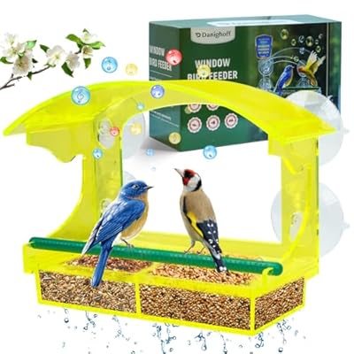 Window Bird Feeder with Strong Suction Cups, Durable Unique Transparent Yellow Acrylic, Perfect for Bird Watching, All-Weather Outdoor Use, Ideal Gift for Garden Outdoor Décor