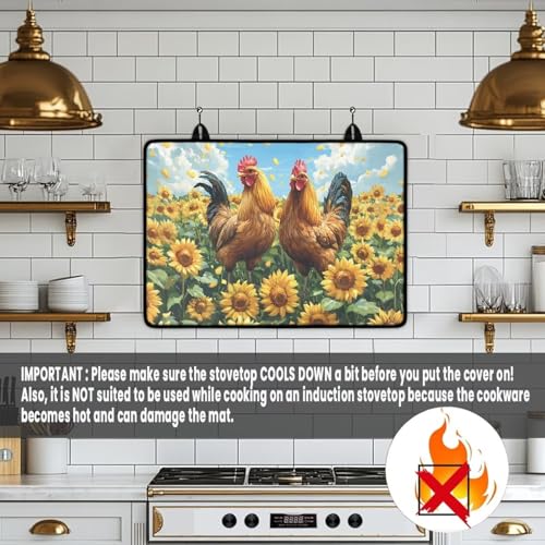 Image of Sunflower Rooster Induction Cooktop Protector Mat, Wear Resistant Stove Top Cover, Extra Large Dish Drying Mat, Folding Dust Cover for Gas Burners, Scratch-resistant Countertop Protector