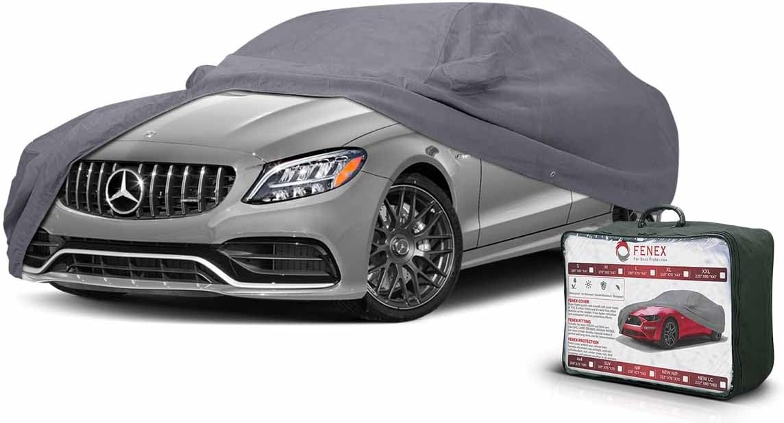 Fenex Car Cover [Large] – All-Weather Protection | Waterproof, UV-Resistant, Dustproof, Breathable | Indoor/Outdoor Use | Door Zipper & Mirror Pockets | Fits Sedan cars (482 × 177 × 119 cm)