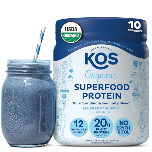 KOS Plant Based Protein Powder Blueberry Muffin - Organic Pea Protein Superfood with Spirulina and Immune Support Blend. Soy Gluten Dairy Free - Vegan Meal Replacement for Women & Men - 10 Servings