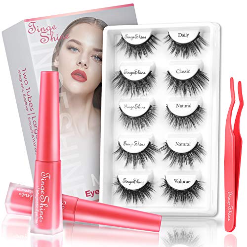 TINGESHINE 5 Pairs Magnetic Eyelashes with Eyeliner, 3D Natural Magnetic Eyelashes with Upgraded 2 Tubes Magnetic Eyeliner Large Pack, 5 Different Styles Reusable Magnetic Lashes, No Glue