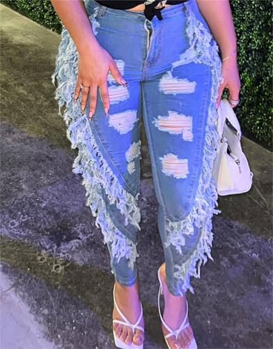 Women's High Waisted Fringe Ripped Jeans Tassels Distressed Denim Pants Destroyed Mid High Waist Denim Pants Trousers4