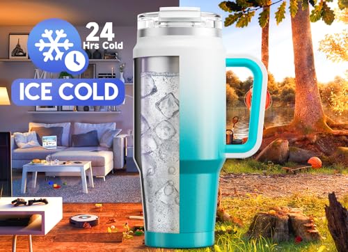 Image of Meoky 32 oz Tumbler with Handle, Insulated Tumbler with Lid and Straw, Stainless Steel Travel Mug, Keeps Cold for 24 Hours, 100% Leak Proof, Fits in Car Cup Holder (Azure)