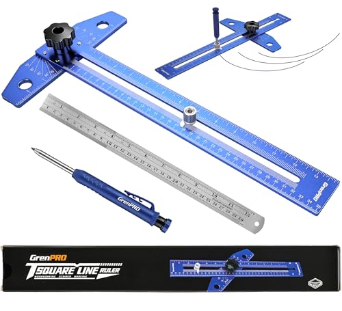 GRENPRO Woodworking Scriber Marking Line Ruler with Carpenter Pencil & Metal Ruler, Adjustable Aluminum Alloy Sliding T-Square Ruler, Measuring Angle Finder with Adjustment Scale,Drawing Aid Rule tool