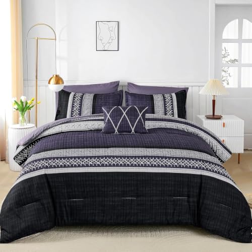 Image of Dintszyayue Purple Cal King Comforter Size Set, 8 Pieces Boho Striped Texture Bed in a Bag Sets, Lightweight Soft Bohemian Comforter and Sheet Set, All Season Microfiber Bedding Sets for Men Women
