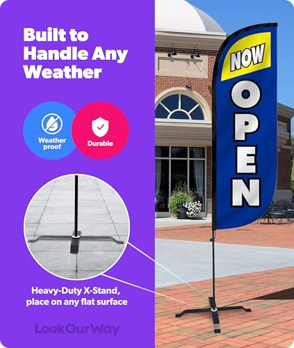Image of LookOurWay Feather Flag Set - 5ft Tall Advertising Banner Flag with Pole Kit and X-Stand for Business Promotion - Now Open Blue /Yellow