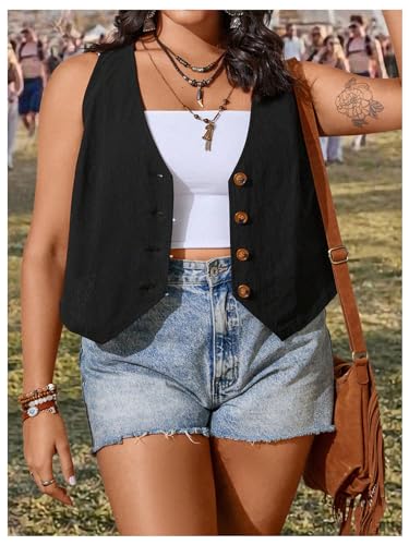 Floerns Women's Plus Size V Neck Button Front Waistcoat Sleeveless Vest Blazer3