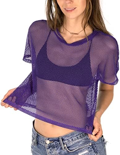 Sheer Mesh Fishnet Rave Festival Women's Crop Top (Purple, Large)