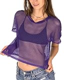 Sheer Mesh Fishnet Rave Festival Women's Crop Top (Purple, Large)