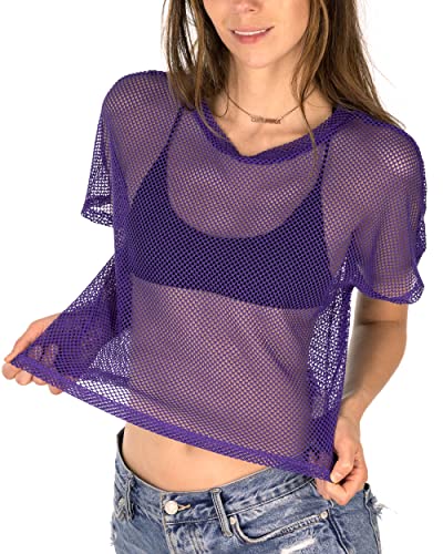 Sheer Mesh Fishnet Rave Festival Women's Crop Top (Purple, Large) #TOP3
