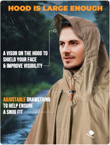 Image of ANYOO Hooded Rain Poncho for Adults Waterproof Lightweight Rain Coat for Men Women Reusable Rain Jacket for Emergency Outdoor