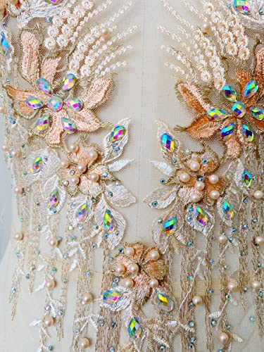 Zbroh Colorful Mesh Embroidered Pearl Beaded Lace Applique Rhinestones Applique Diy Lace Fabric Trim #TOP1