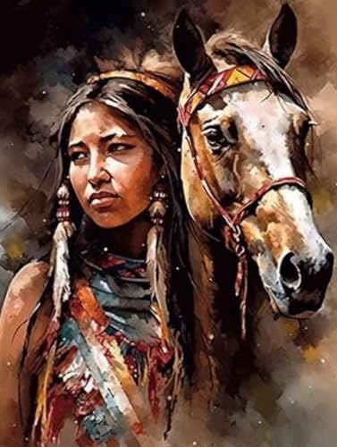 Generic Indian Girl and Horse Cross Stitch Kits for Beginners Pattern Stamped Cross-Stitch Supplies Needlework DIY 11CT 3 Strands Cotton Thread Printed DIY Needlepoint Kits 40×50cm (CY152)