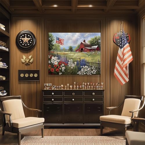 Image of Memorial Day Barn Canvas Wall Art, Rustic American Flag and Wildflower Farmhouse Print, Patriotic Country Barn Poster Framed Artwork for USA 4th of July and Living Room, Office Decor 24x30inch