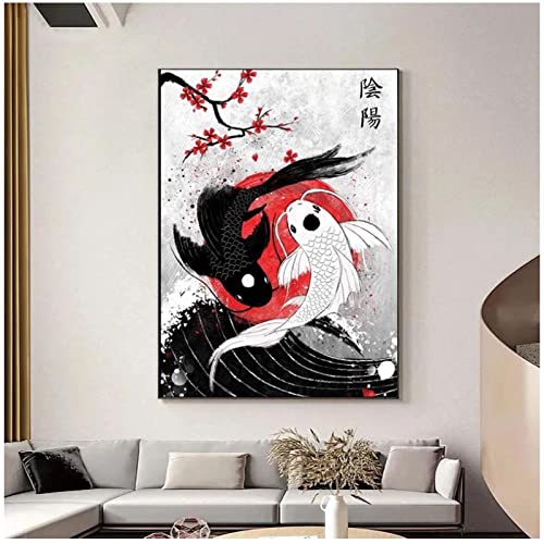 Abstract schilderij Art Print Zwart-wit Koi Fish Wall Art Poster Canvas schilderij Modern Home Decor (60 × 80 CM/23.6 × 31.4 inch) Frameloze - Afbeelding 4