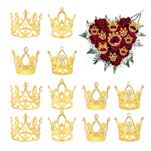 Gold Crown Cake Topper, Crowns for Flowers Bouquets 12PCS Gold Mi...