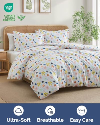 Image of Duvet Cover Twin /TXL Size Set - Extra Soft Floral Duvet Cover 68 x 90 with 1 Pillow Sham - Comfy, Breathable Bedding Set - Hotel Luxury & Fade Free with Zipper Closures & Ties - Sunshine Floral