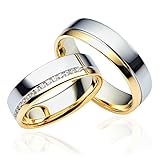 2x 585 Gold Eheringe Partnerringe Trauringe Hochzeitsringe in Gelbgold und Weißgold *mit Gravur und Swarovski-Steine* C027