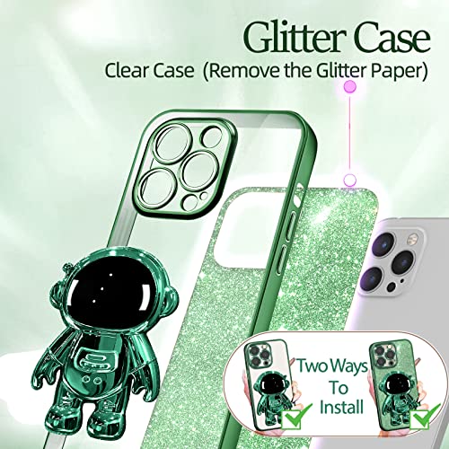 Buleens For Iphone 12 Pro Max Case Astronaut, Clear Cases For Iphone 12 Pro Max With Glitter Paper & Spaceman Stand, Women Girls Cute Electroplated Sparkly Space Phone Cover For 12 Promax Green #TOP3