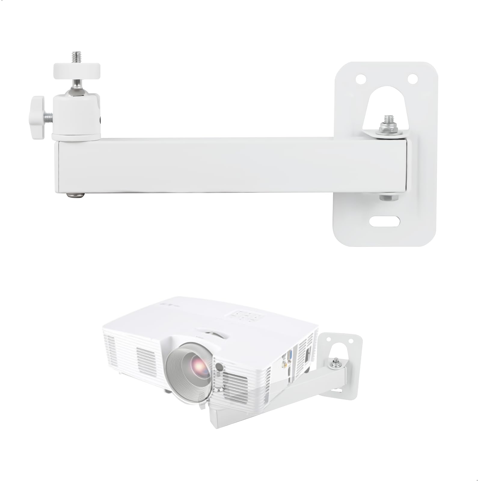 Supporto Per Proiettore A Parete, Supporto Proiettore Regolabile con Rotazione a 360°, Staffa Proiettore in Metallo con Vite da 1/4" per Home Cinema, Ufficio, Sala Giochi, Bianco