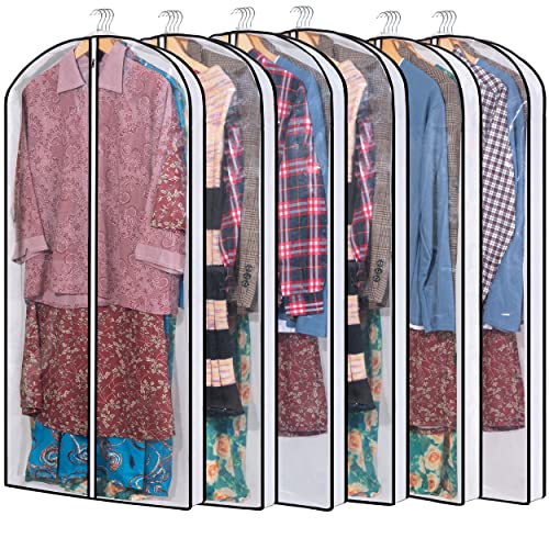 MsKitchen Hanging Clothes Storage with 4" Gusseted Garment Covers (Set of 6) - Clear Suit, Gown, Long Coat, Dress Protectors for Closet - 24"x 50"x 4" / 6 Pack