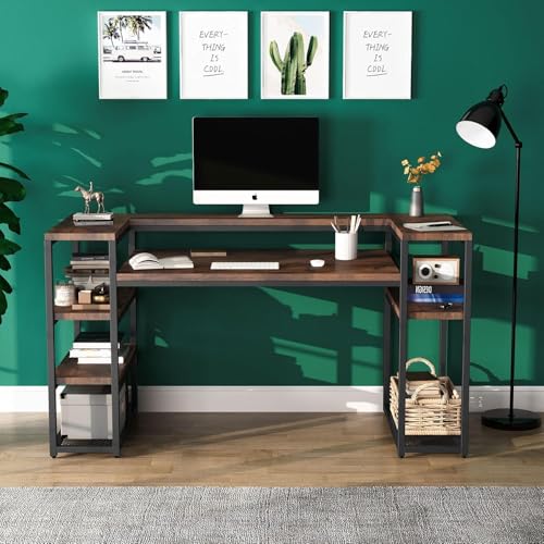 Image of Computer Desk 160 cm with Storage Shelves| Monitor Stand, Home Office Writing Table, Wooden Study Table for Laptop Work at Home| Modern Office Furniture| Rustic Brown| 160x60x90cm