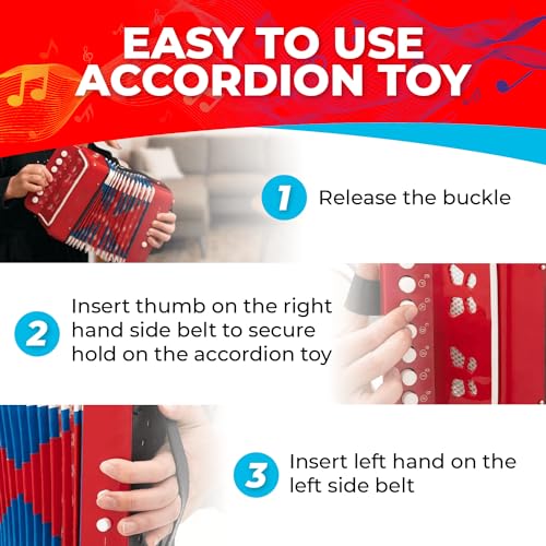 Kids Toy Accordion with 7 Vocal Keys. Portable Mini Musical Instrument with Easy to Carry Back Strap included. Ideal for Kids 3+ Red - Thumbnail 3