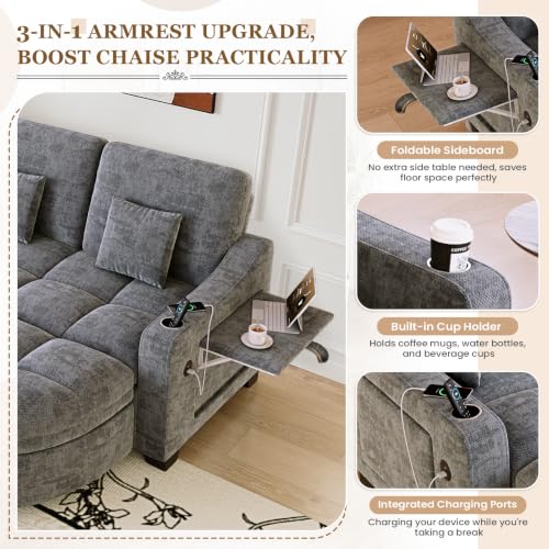 Image of 60 inch Loveseat Chaise Lounge Chair with Ottoman, Tufted Chenille Chaise Sofa with Storage & Adjustable Back / Side Table / USB Charging, Cozy Reading Lounge Chair and A Half for Living Room, Office, Grey