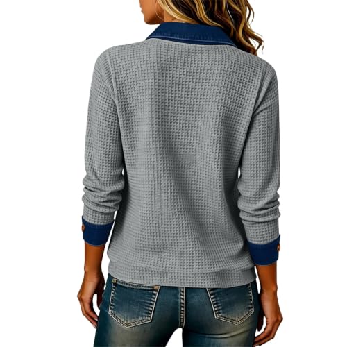 Womens Waffle Knit Shirt Denim Patchwork Long Sleeve Button V Neck Tops - image 4
