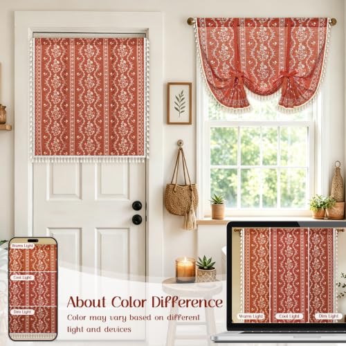 Image of Yinhua Boho Tie Up Curtains for Windows Vintage Linen Valance Light Filtering Floral Valance Rod Pocket Rustic Adjustable Tassel Window Valances for Bathroom, 42 inch W X 45 inch L, Terracotta