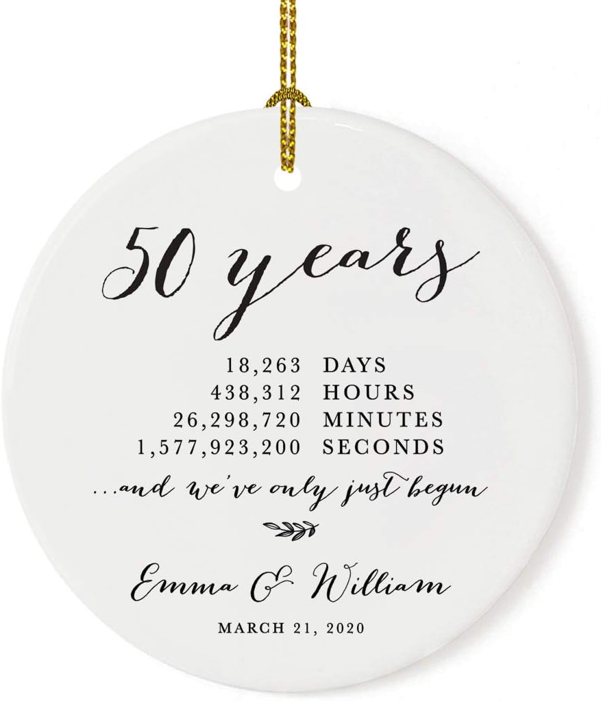 Andaz Press Personalized Name Round Porcelain Ceramic 50th Wedding Anniversary Christmas Tree Ornament Gift, 50 Years, 18263 Days, 438312 Hours, 26298720 Minutes, 1577923200 Seconds, 1-Pack