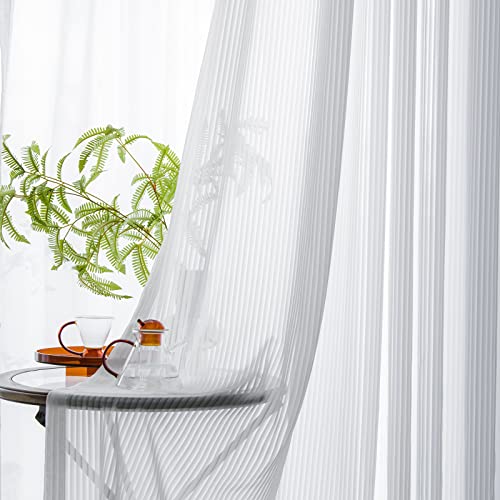 Suouo Striped Sheer Curtains For Bedroom Living Room Light Filtering Semi Sheer Solid Voile Window Drapes Rod Pocket 2 Panels 84 Inches Long Chiffon White #TOP3
