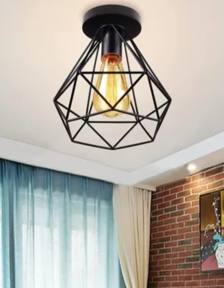Homenique Industrial Vintage Semi Flush Mount Ceiling Light Edison Style Metal Diamond Metal Cage Hallway Ceiling Pendant Hanging Light for Bedroom Hallway Aisle Porch Black Bulb Not Included-image-44