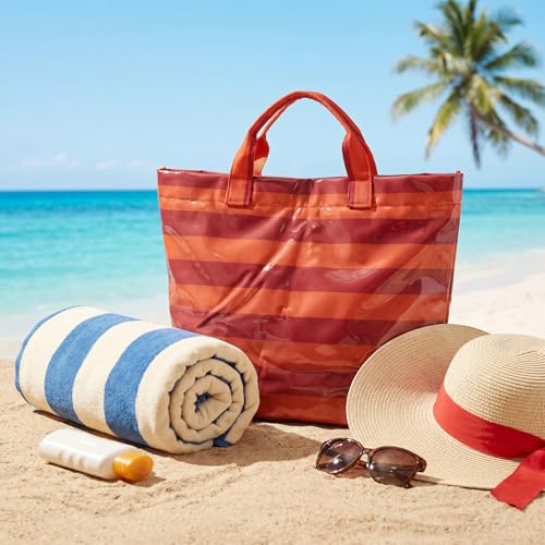Image of Striped PVC Tote Bag for Women, Waterproof Plastic Hobo Handbag Summer Tote for Beach, Pool & Ideal Gift